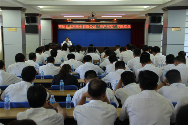 6月5日，蒼梧縣水利電業(yè)有限公司開展 “三嚴(yán)三實(shí)”專題教育黨課暨黨風(fēng)廉政教育培訓(xùn)，黨課邀請(qǐng)蒼梧縣人民檢察副檢察長莫孔文為